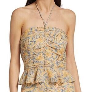 NEW Veronica Beard Arienne Blue/Yellow Silk Gathered Halterneck Top Size 0